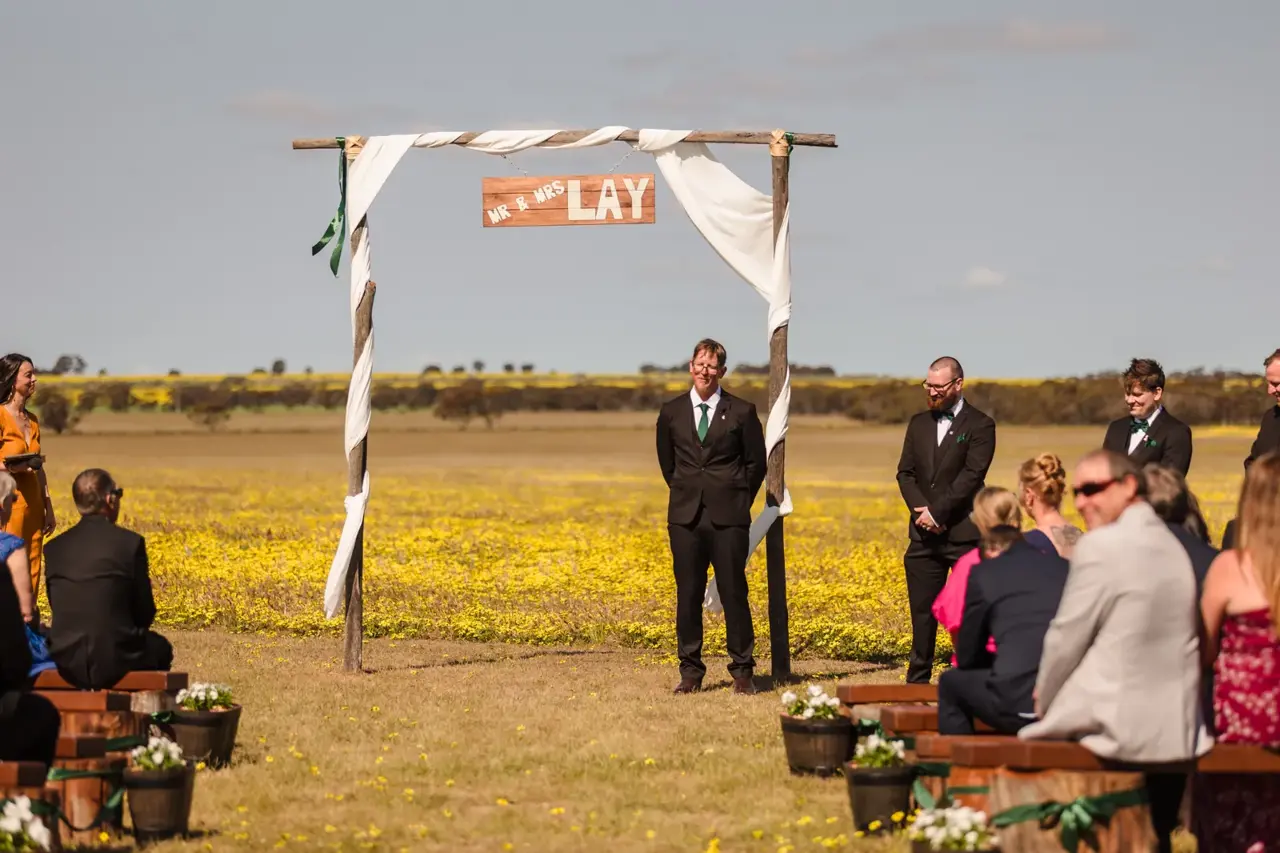 The hand-built arbour on the hill near Lake Grace, guests seated on handmade benches among yellow capeweed