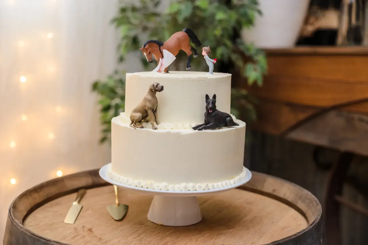 Horse and dog figurines on top of the wedding cake