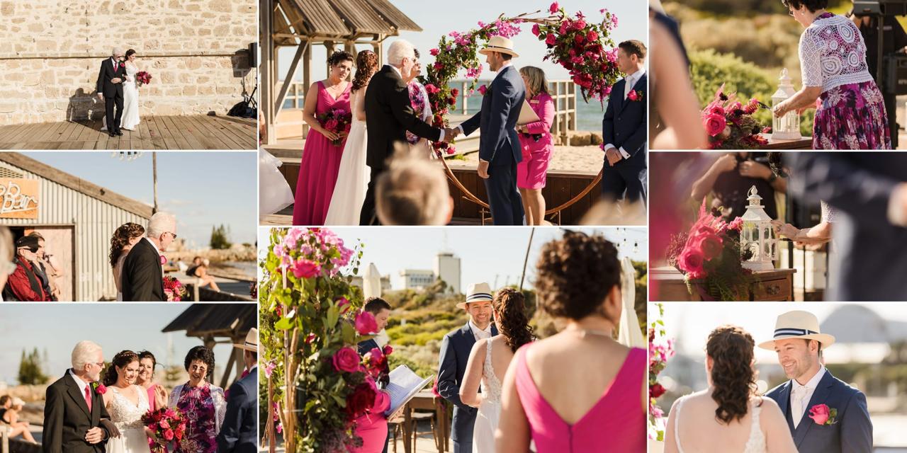 Erin and Geordie are exchanging vows during a beachside wedding ceremony.
