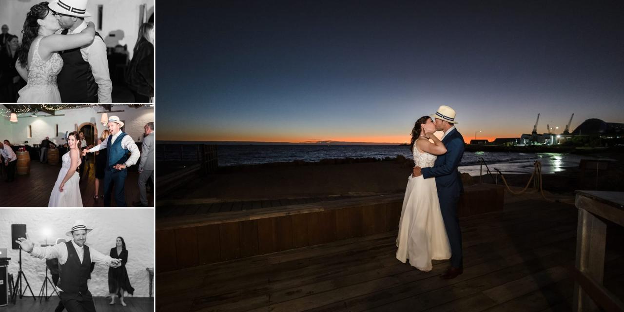 Erin and Geordie kissing by the ocean at night outside Kidogo Arthouse Fremantle