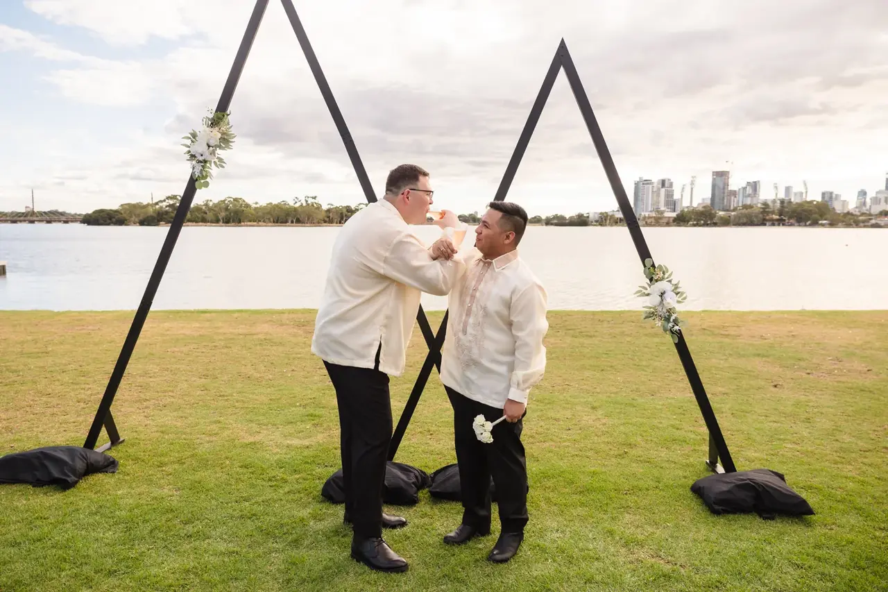 Lloyd and Mitch share a quiet moment at the arbour by the river at Burswood on Swan