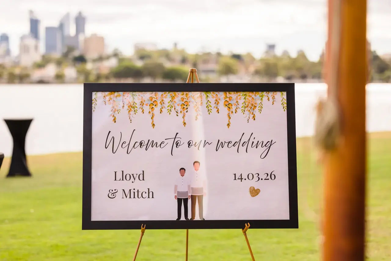 A welcome sign reading Lloyd and Mitch with the Perth skyline behind at Burswood on Swan