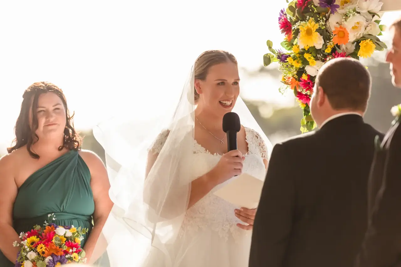 Sarah reads her vows to James at their Quarry Farm ceremony