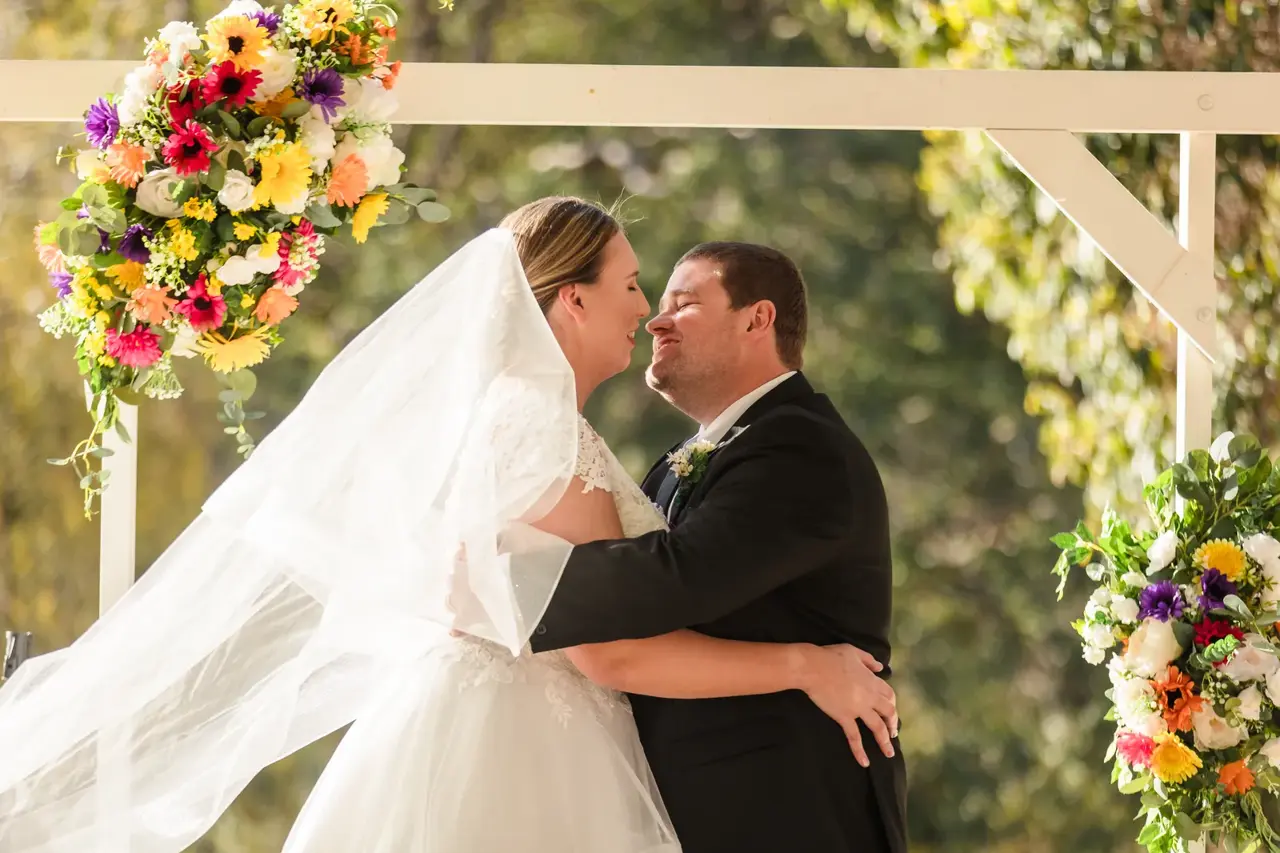Sarah and James share their first kiss at the arbour at Quarry Farm