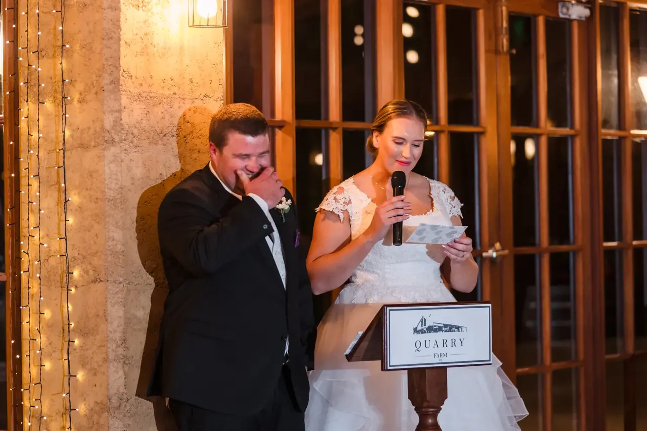 James wipes away a tear as Sarah gives her speech at their Quarry Farm reception