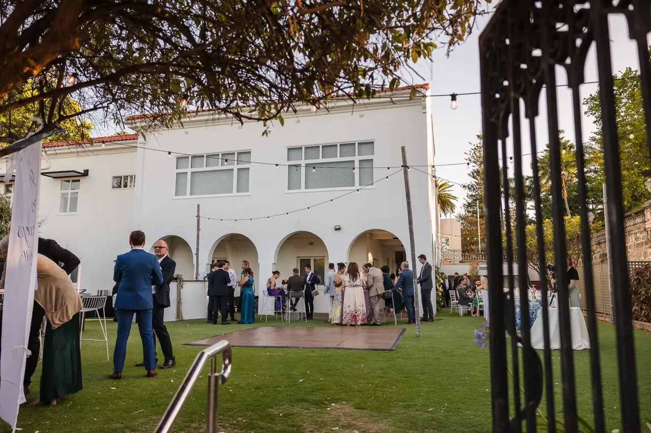 The Spanish Mission building, arched colonnade and lawn at Cottesloe Civic Centre