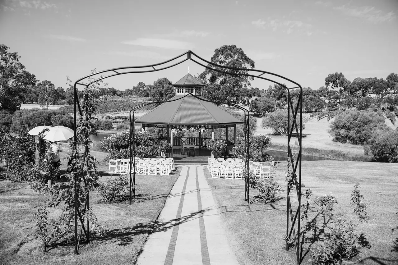 Outdoor gazebo wedding ceremony set among the vines at Sittella Winery