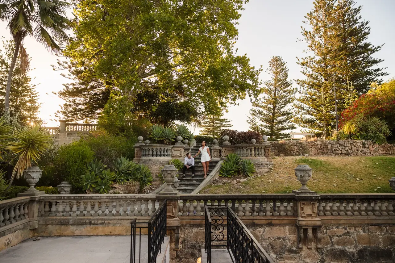 The heritage gardens, staircase and pines at Cottesloe Civic Centre