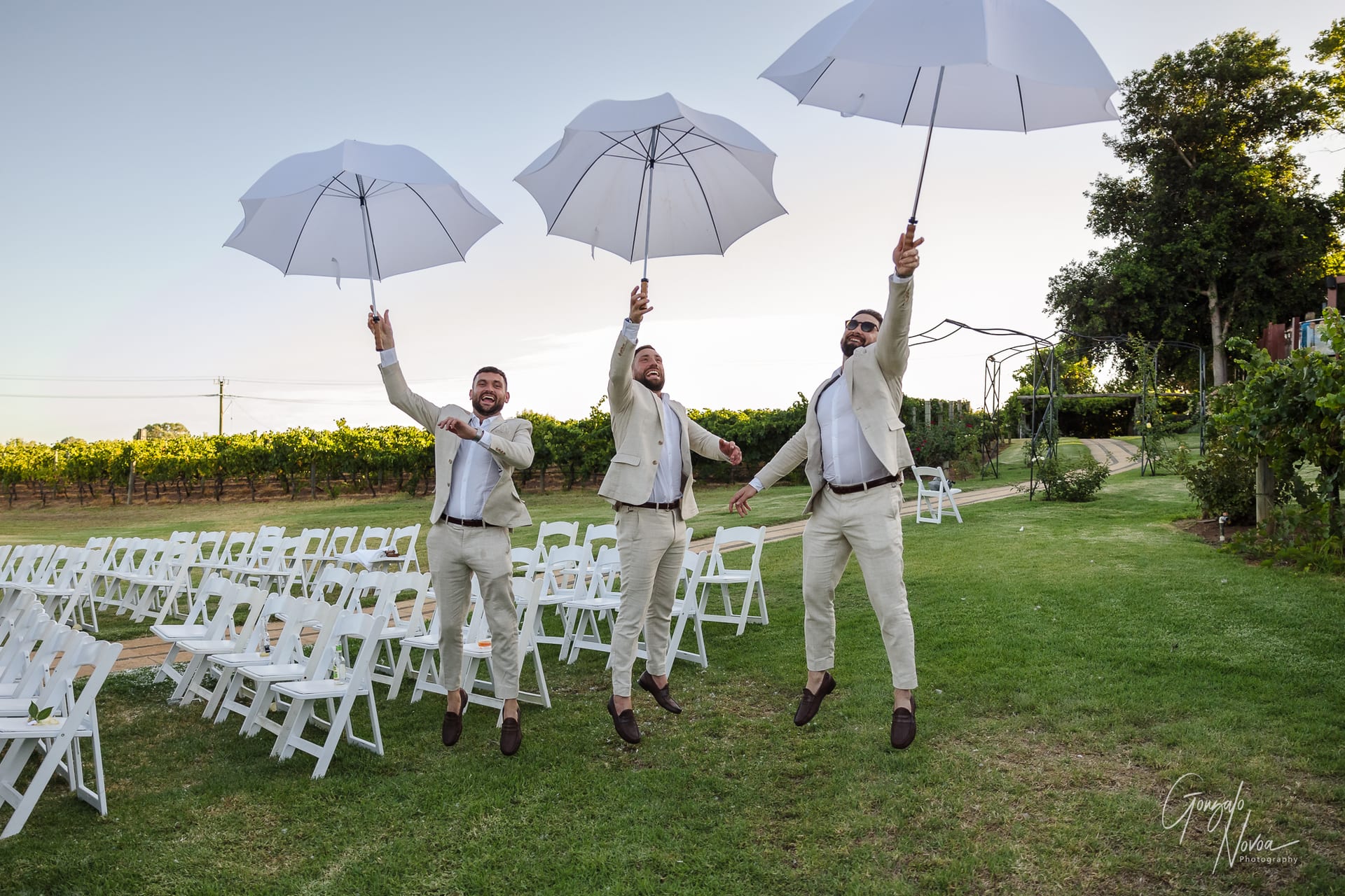 Three men in beige suits joyfully jump while holding white umbrellas in a garden setting with empty white chairs and a vineyard background.