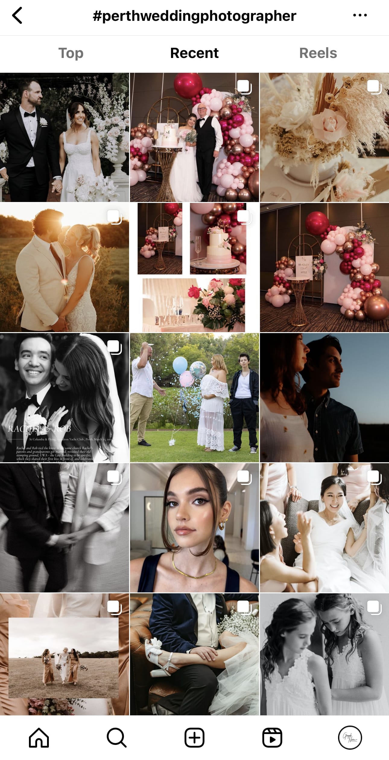 Mobile phone screenshot of the Instagram app for ios showcasing wedding images by the search #perthweddingphotographer
