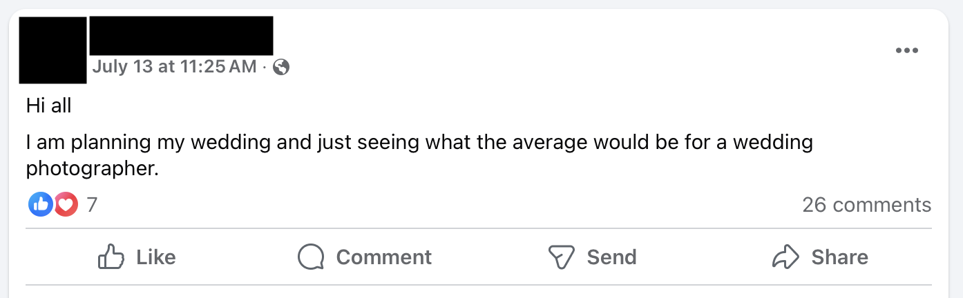 A Facebook post from a wedding planning group asking, “I am planning my wedding and just seeing what the average would be for a wedding photographer,” with 26 comments.