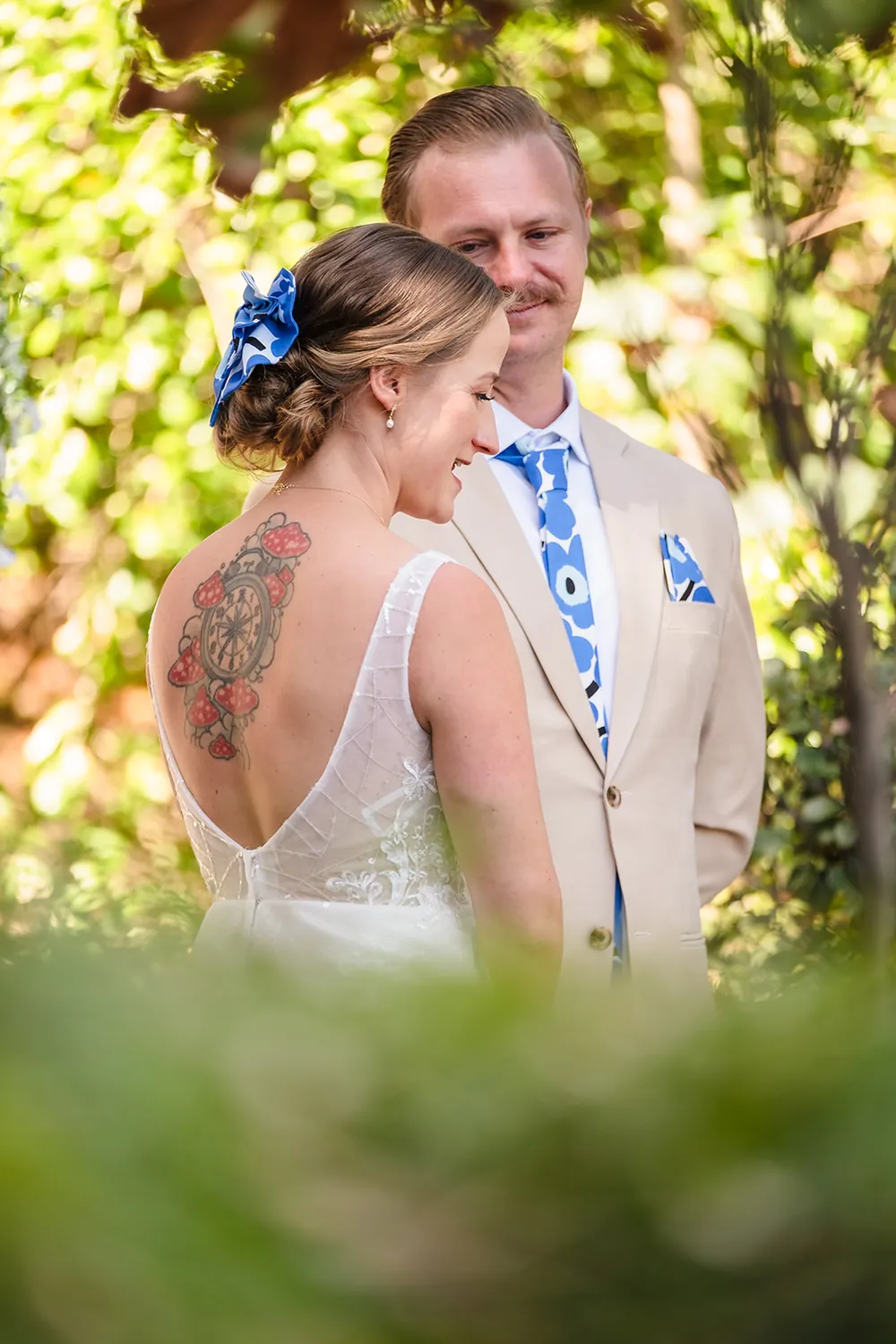 Bride and groom together on the limestone steps