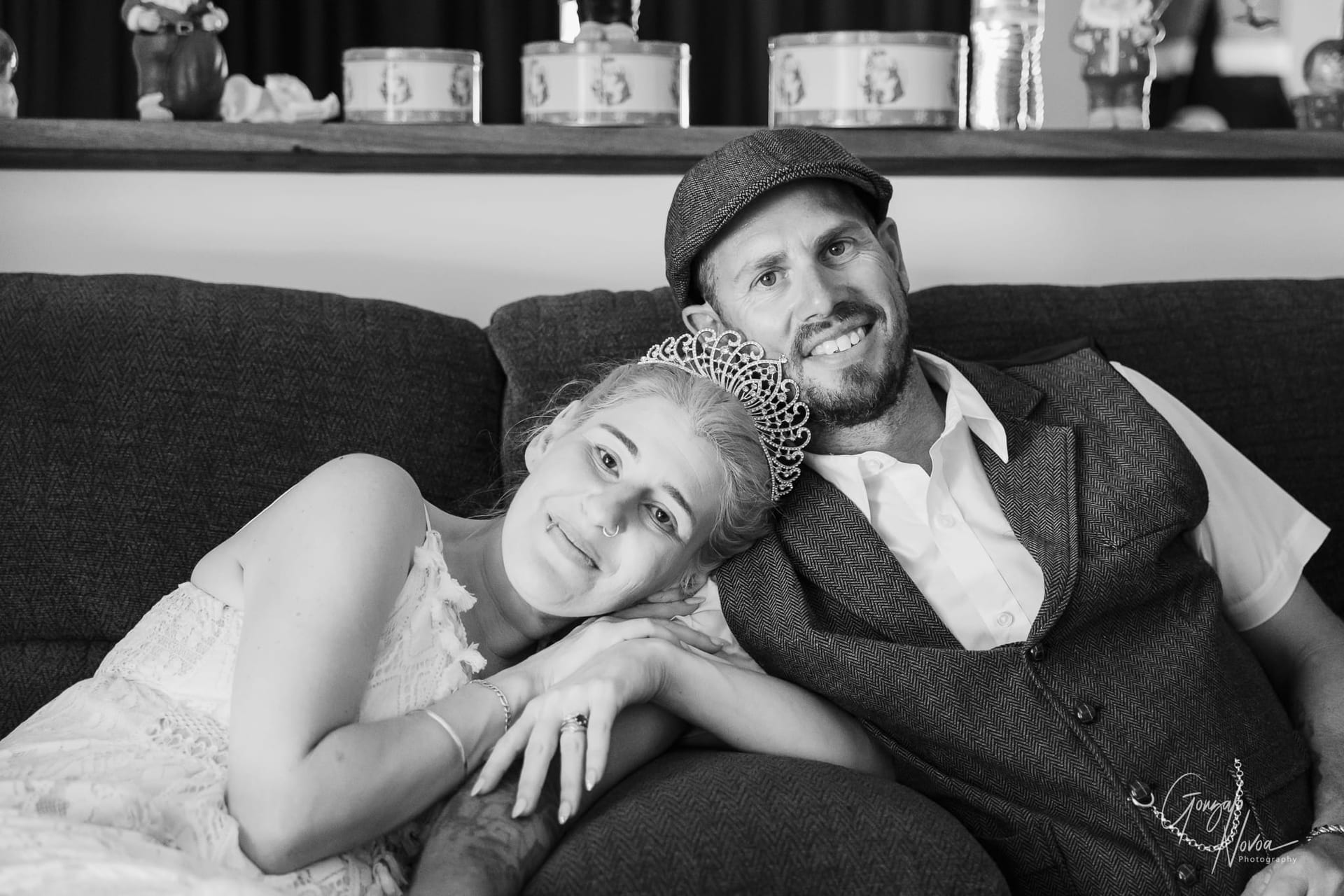 bride and groom having a little break