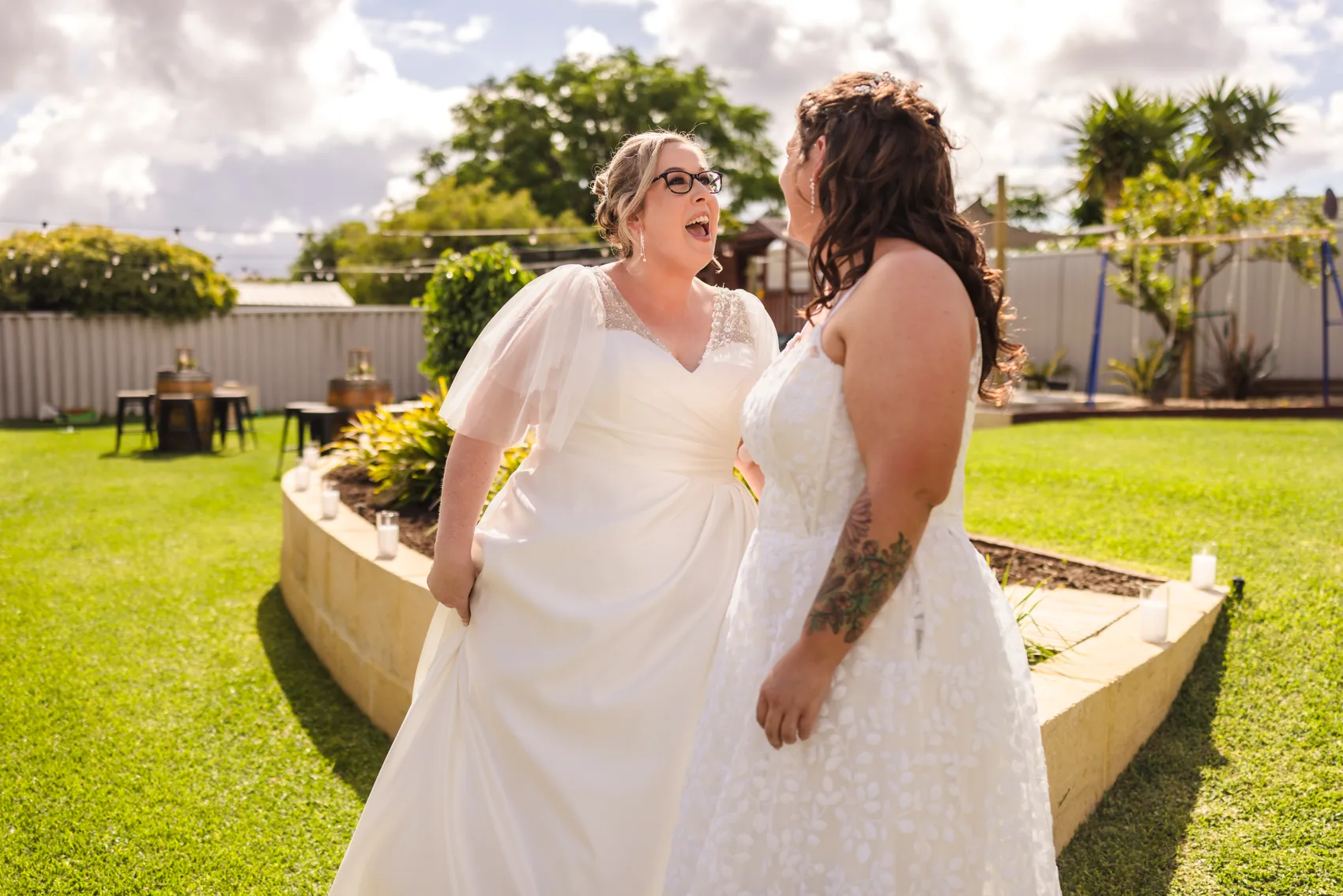 Kat and Jess face to face during their backyard first look
