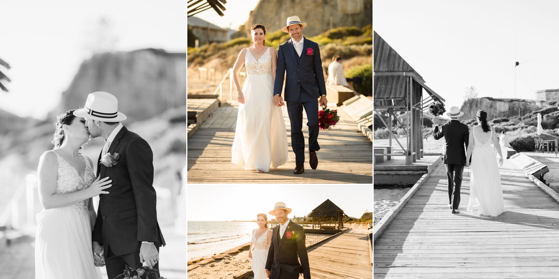 Erin and Geordie are walking along the Fremantle boardwalk during wedding portraits.