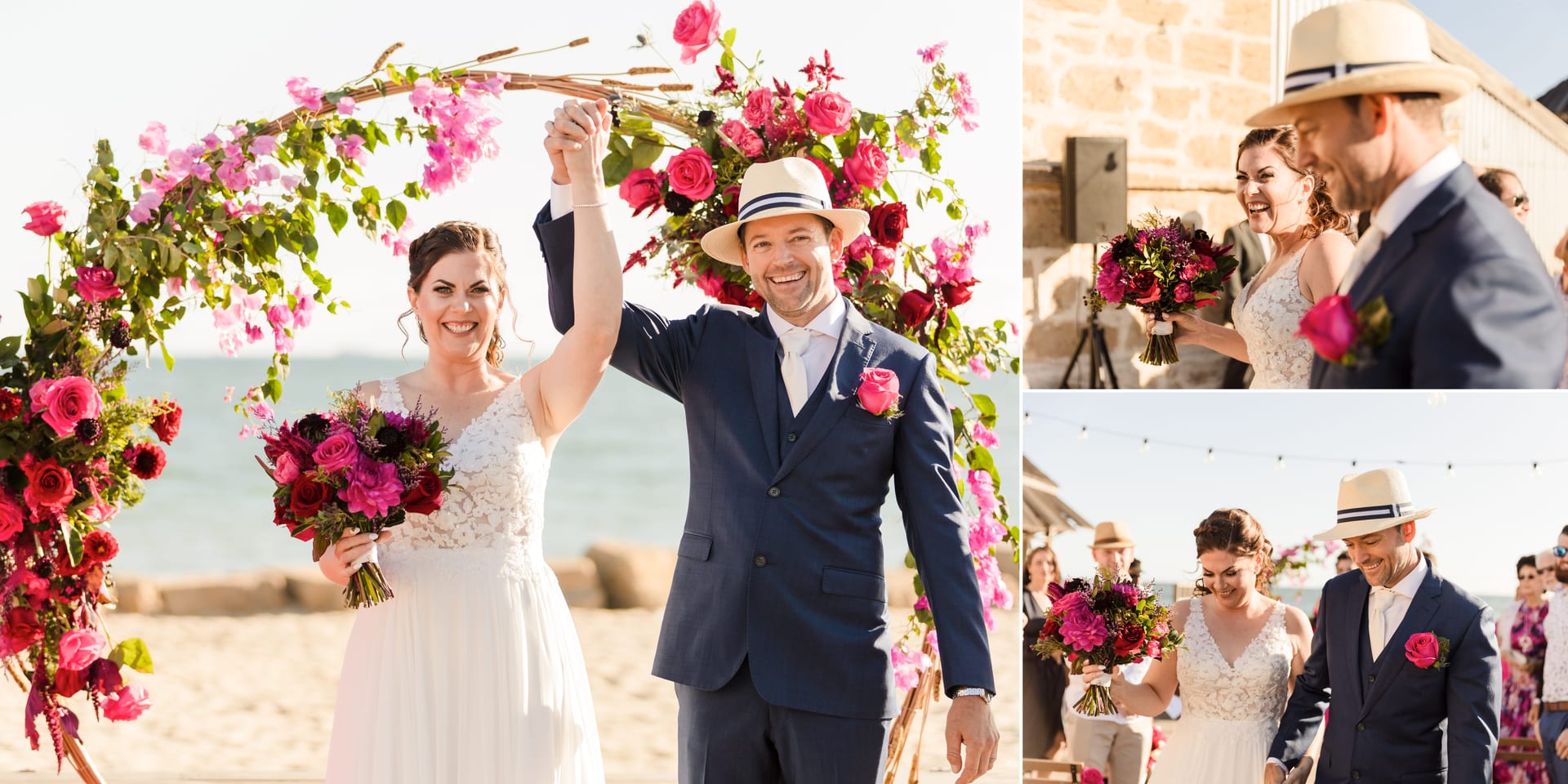 Erin and Geordie celebrating just married moment under floral arch.