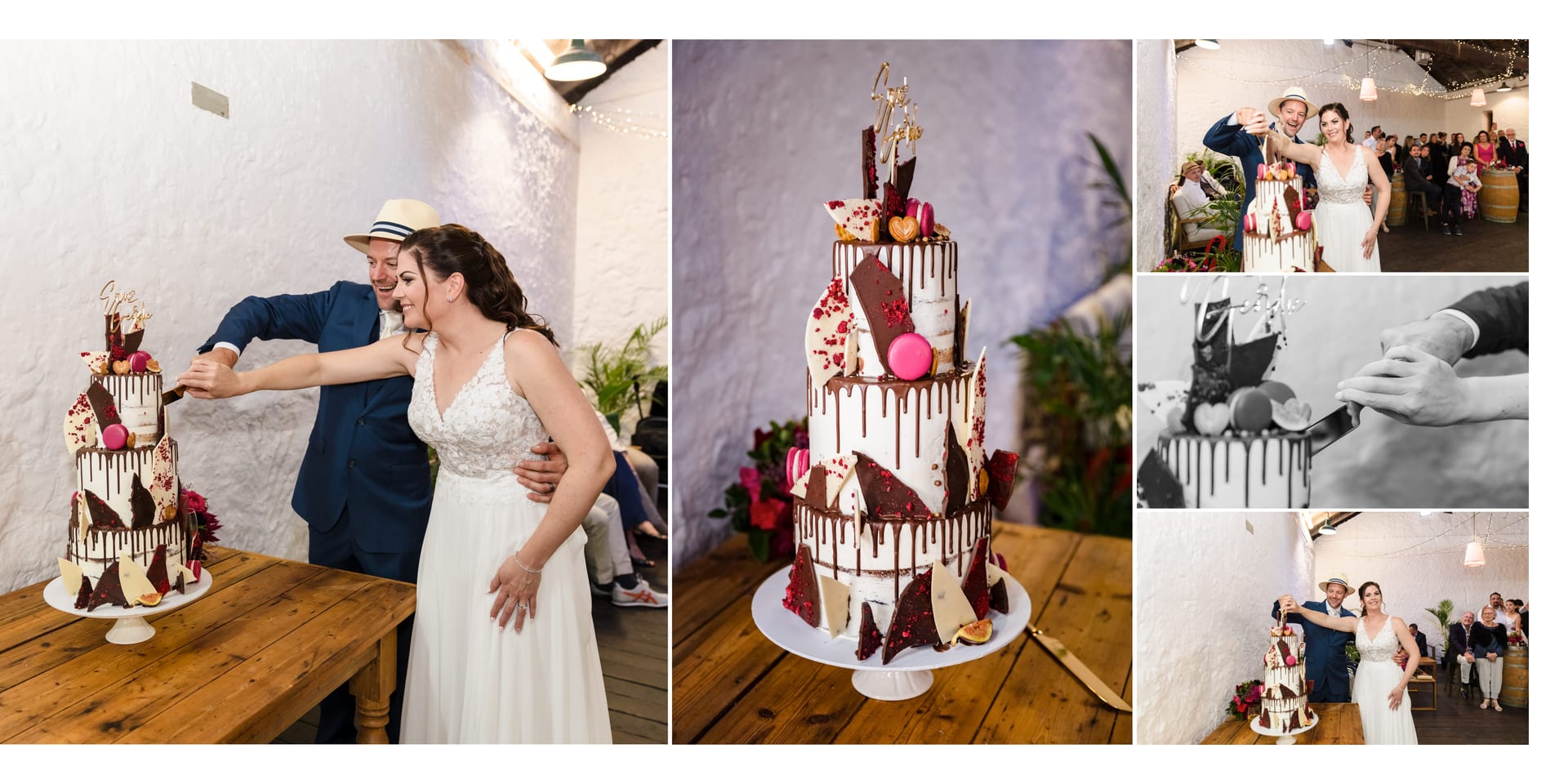 Erin and Geordie cutting their wedding cake during reception