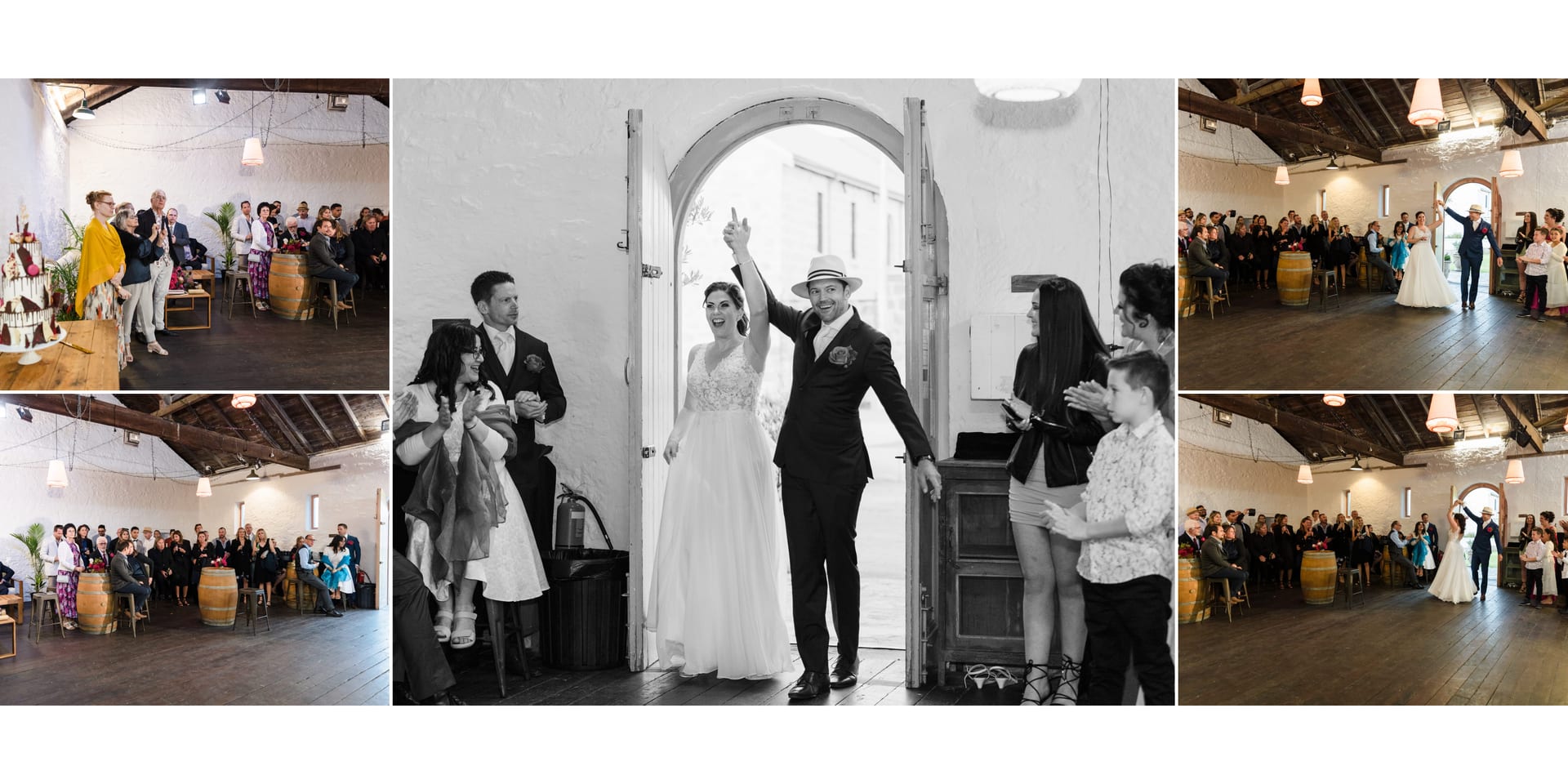 Erin and Geordie entering their reception at Kidogo Arthouse.