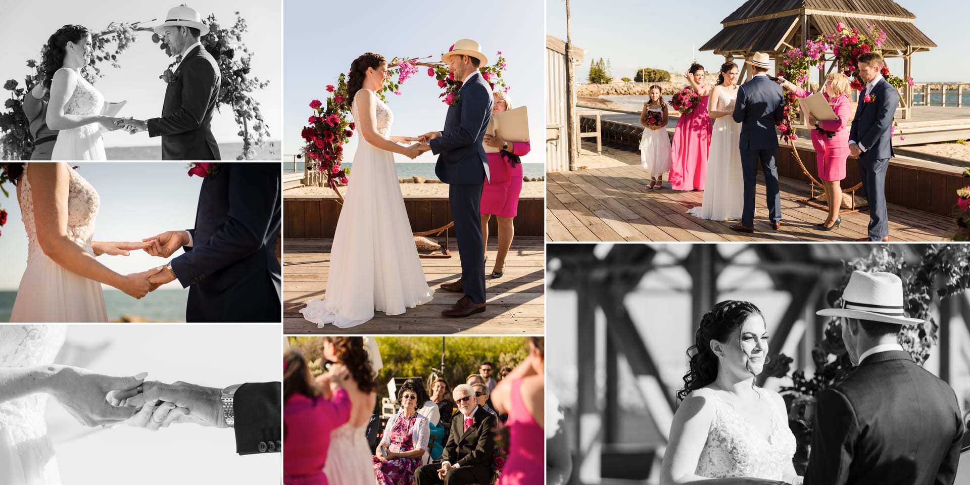 Erin and Geordie holding hands during their Fremantle beach wedding ceremony.