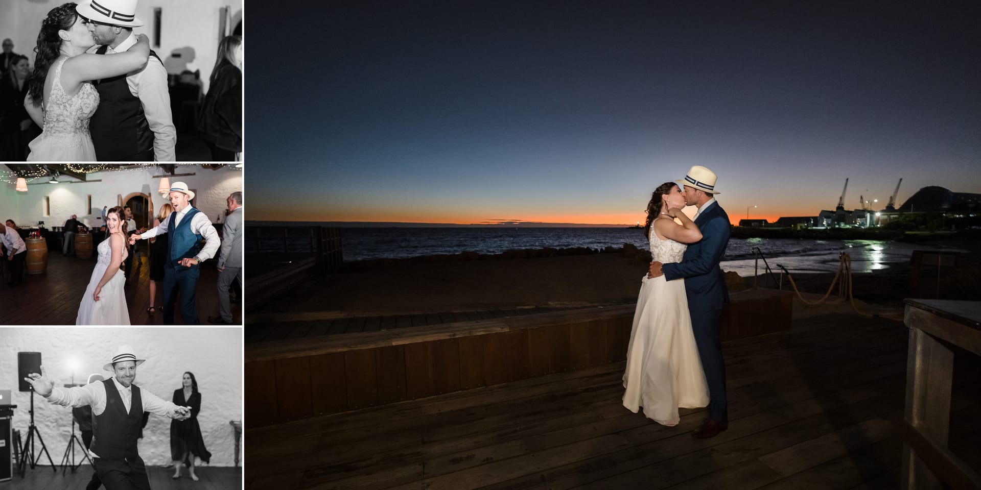 Erin and Geordie kissing by the ocean at night outside Kidogo Arthouse Fremantle