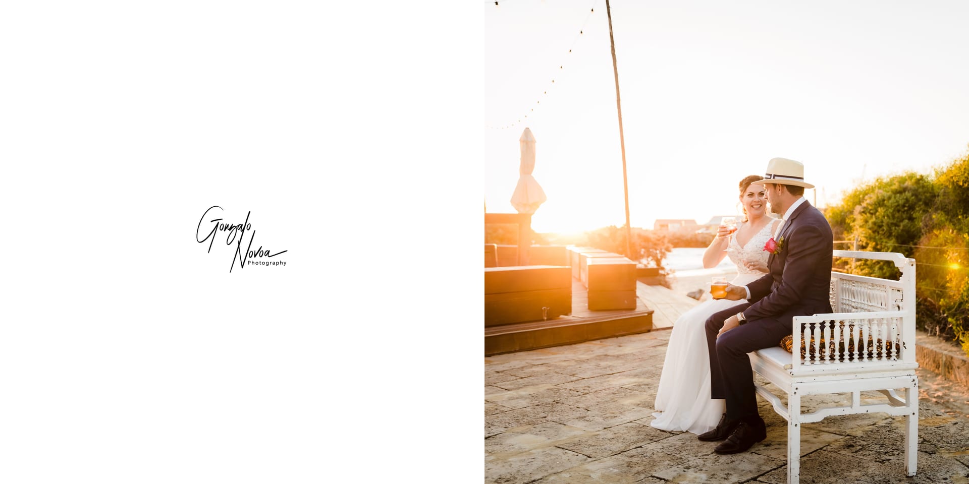 Erin and Geordie sitting together during golden hour wedding portraits