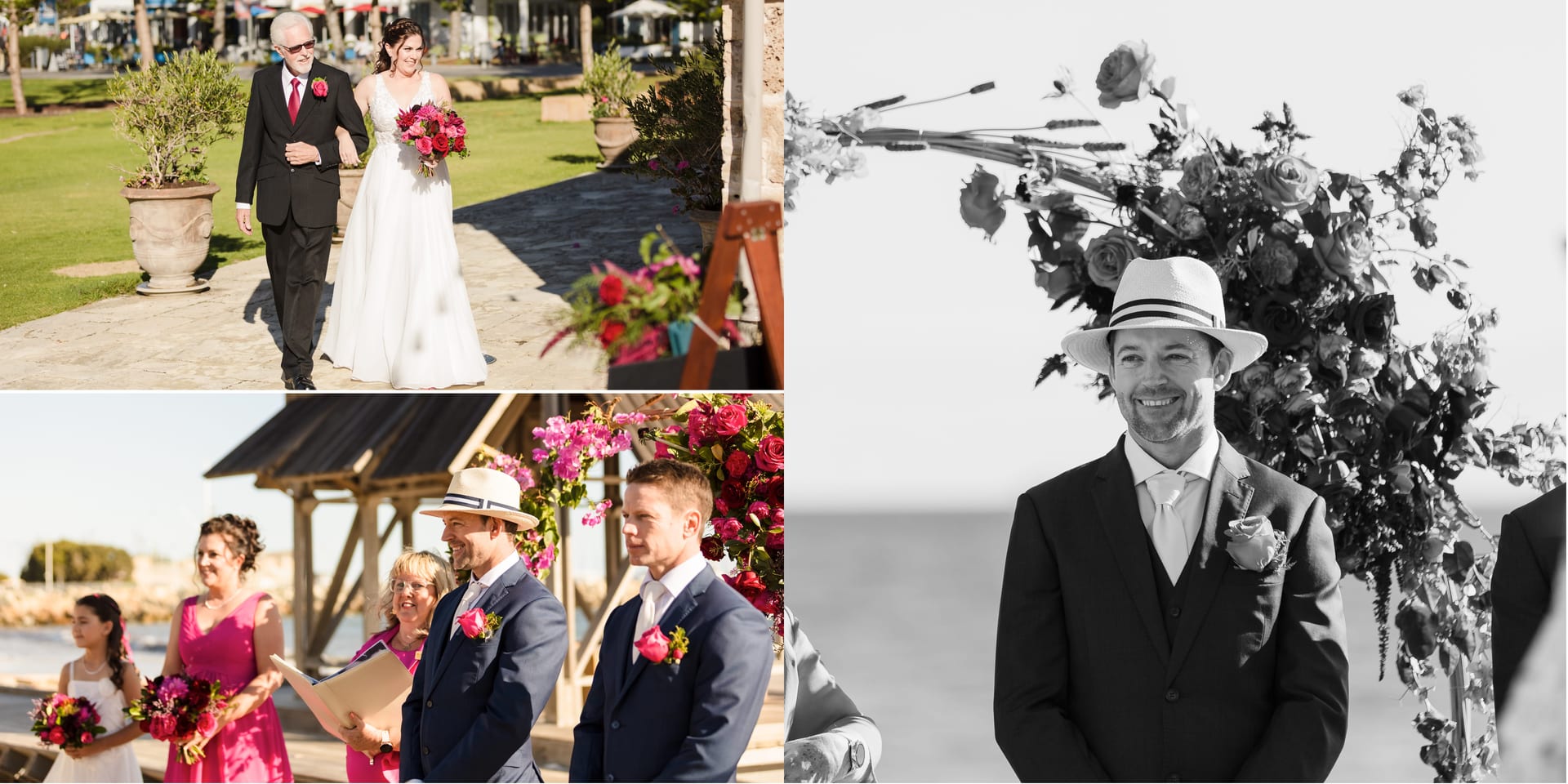 Erin walking down the aisle during their beachside ceremony at Kidogo Arthouse, Fremantle.