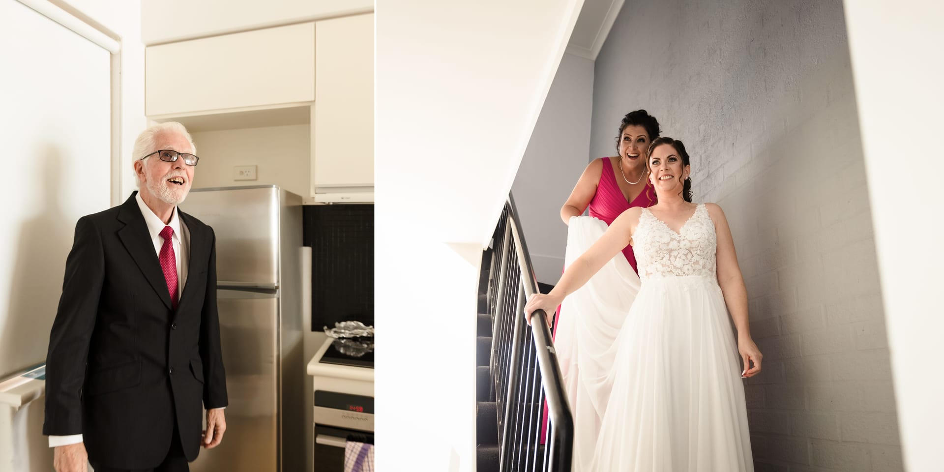 Erin walking downstairs with her father before her wedding ceremony