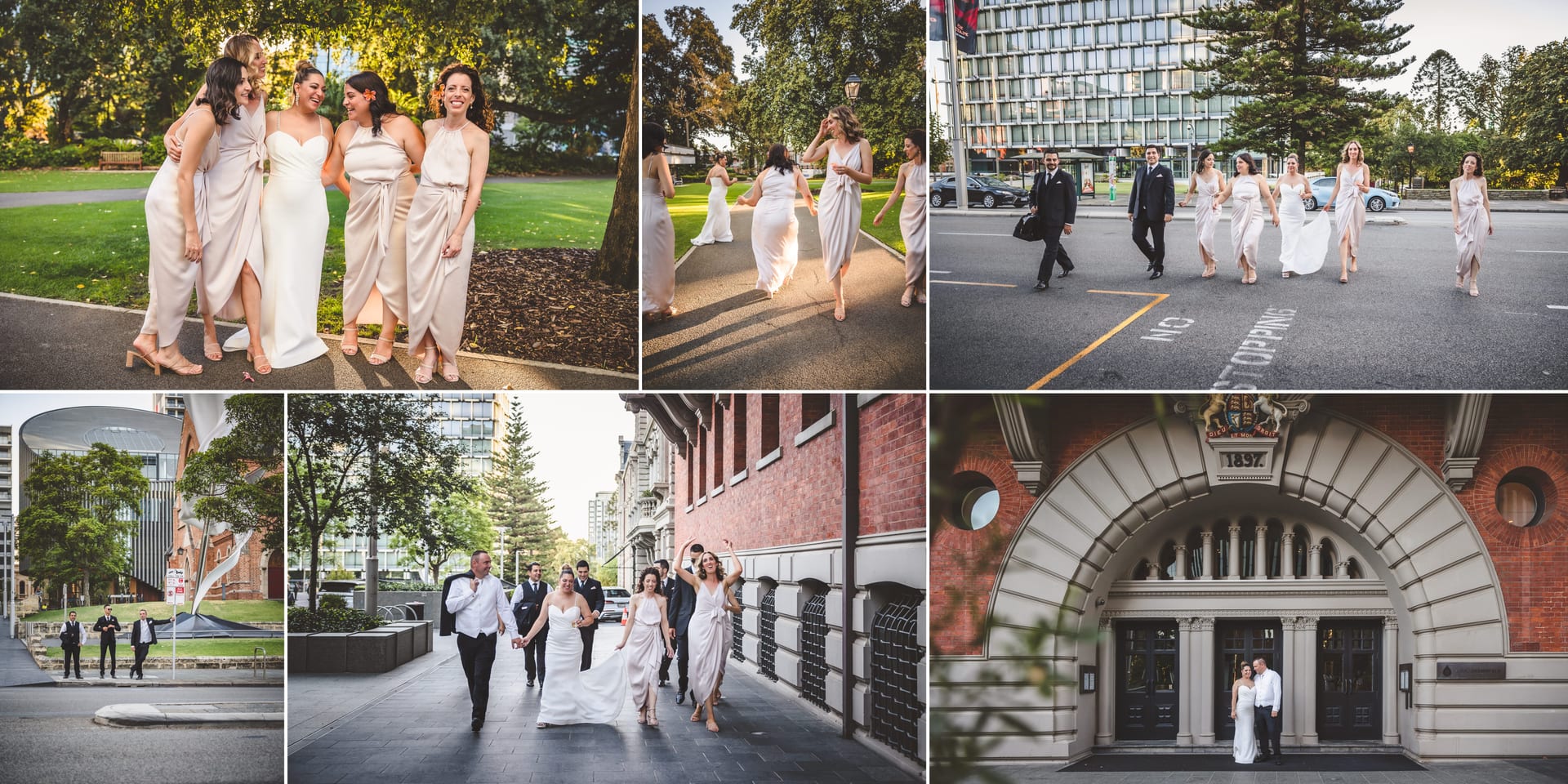 Bridal party in light dresses walking outdoors. Urban setting with trees, modern buildings, and historical architecture. Joyful mood.