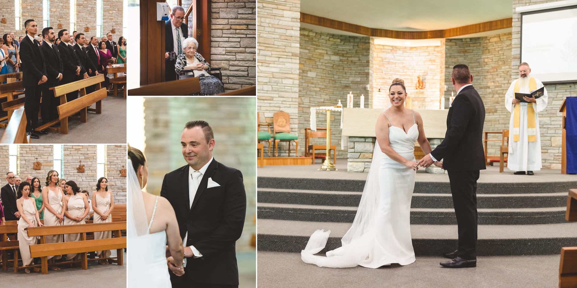 Bride and groom hold hands, smiling in a church. Guests and bridal party watch. Elderly woman in wheelchair. Beige dresses and black suits.