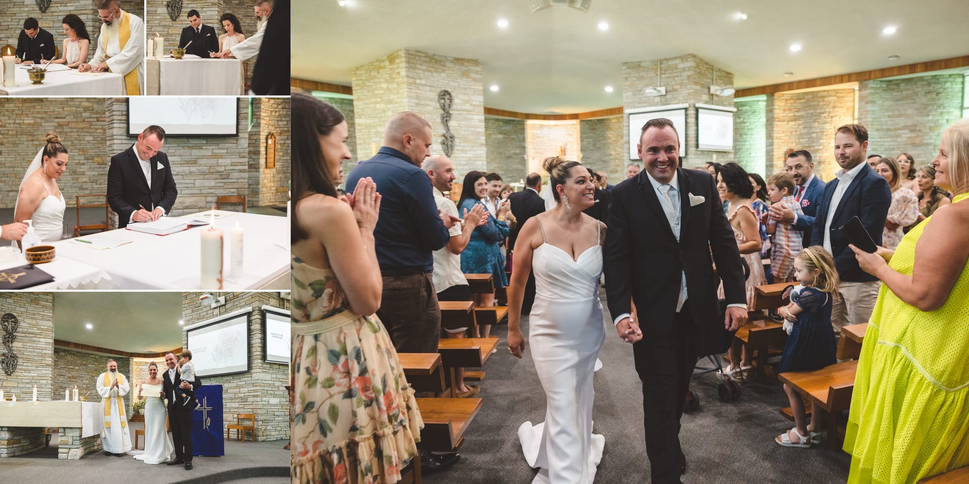 Bride and groom walk down aisle in a church, guests applauding. Stone walls, candles, joyful expressions, signing marriage documents.