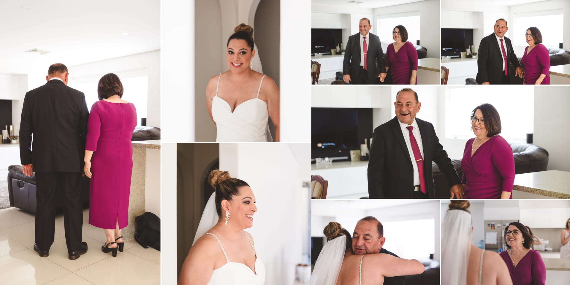Collage of family in a bright room. Woman in pink dress, man in suit, and bride in white dress smiling and hugging. Cozy, joyful setting.