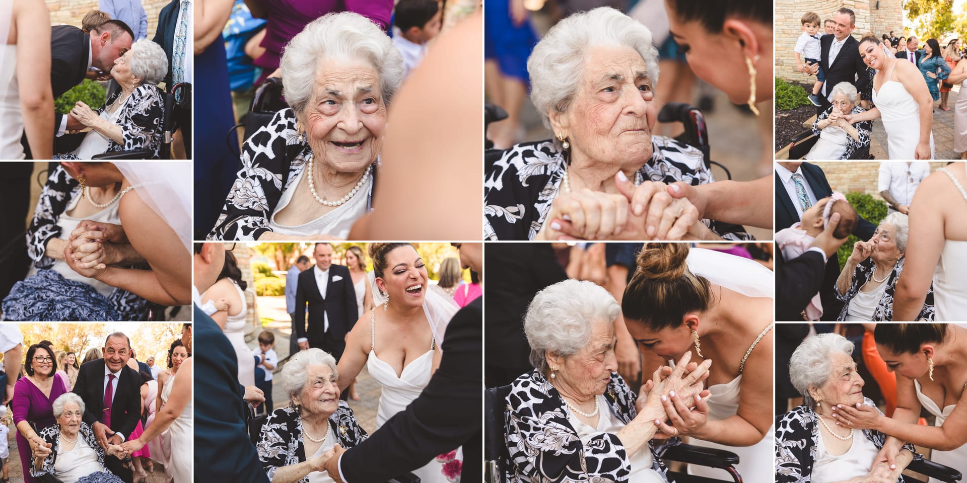 Collage of joyful wedding moments: bride interacts lovingly with an elderly woman in a floral outfit, surrounded by guests celebrating outdoors.