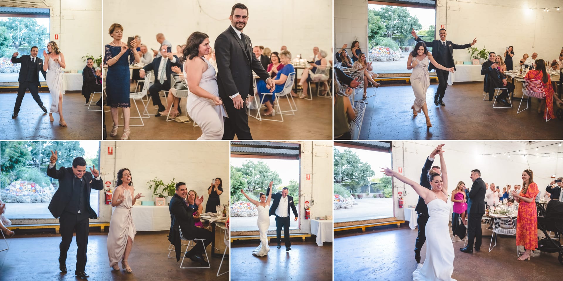 Couples in formal attire dance joyfully in a decorated hall with guests seated at tables. The atmosphere is lively and celebratory.