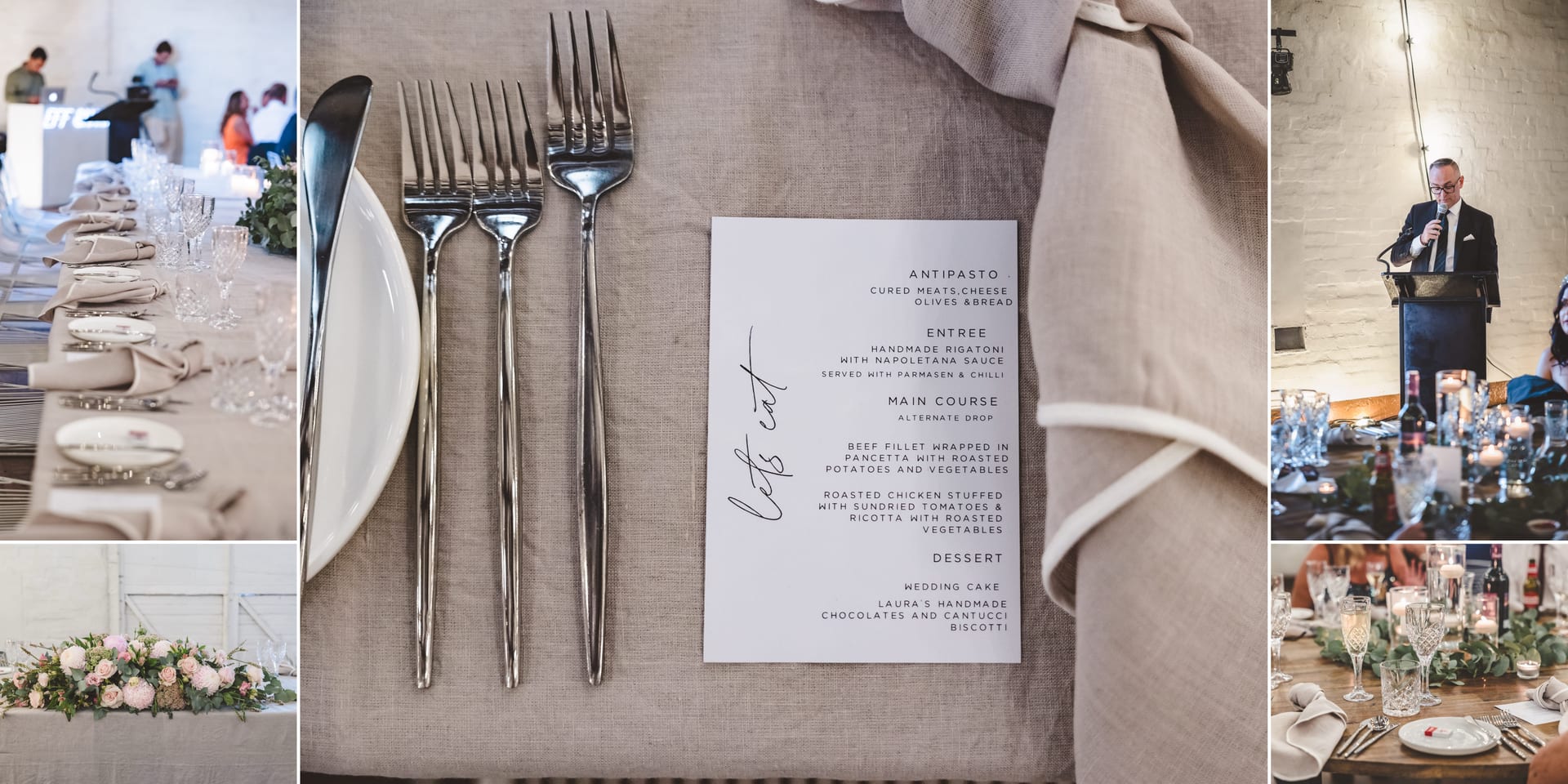 Elegant table setup with a menu, cutlery, and flowers. A man speaks at a lectern. Mood is formal and celebratory with candles and glasses.