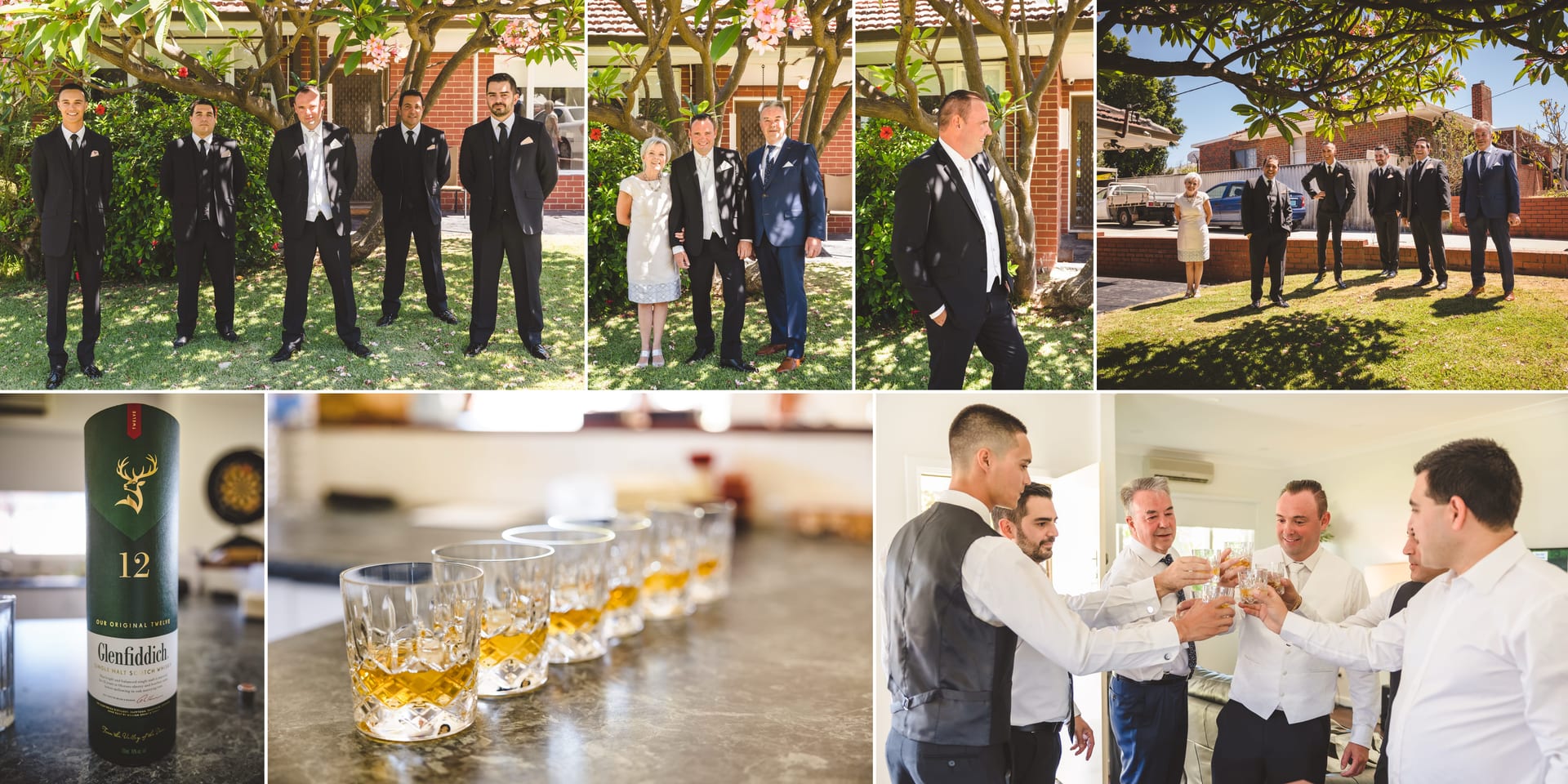Groom with groomsmen in suits and family in a garden, holding drinks indoors. Glenfiddich whiskey bottles and glasses on a table. Celebratory mood.