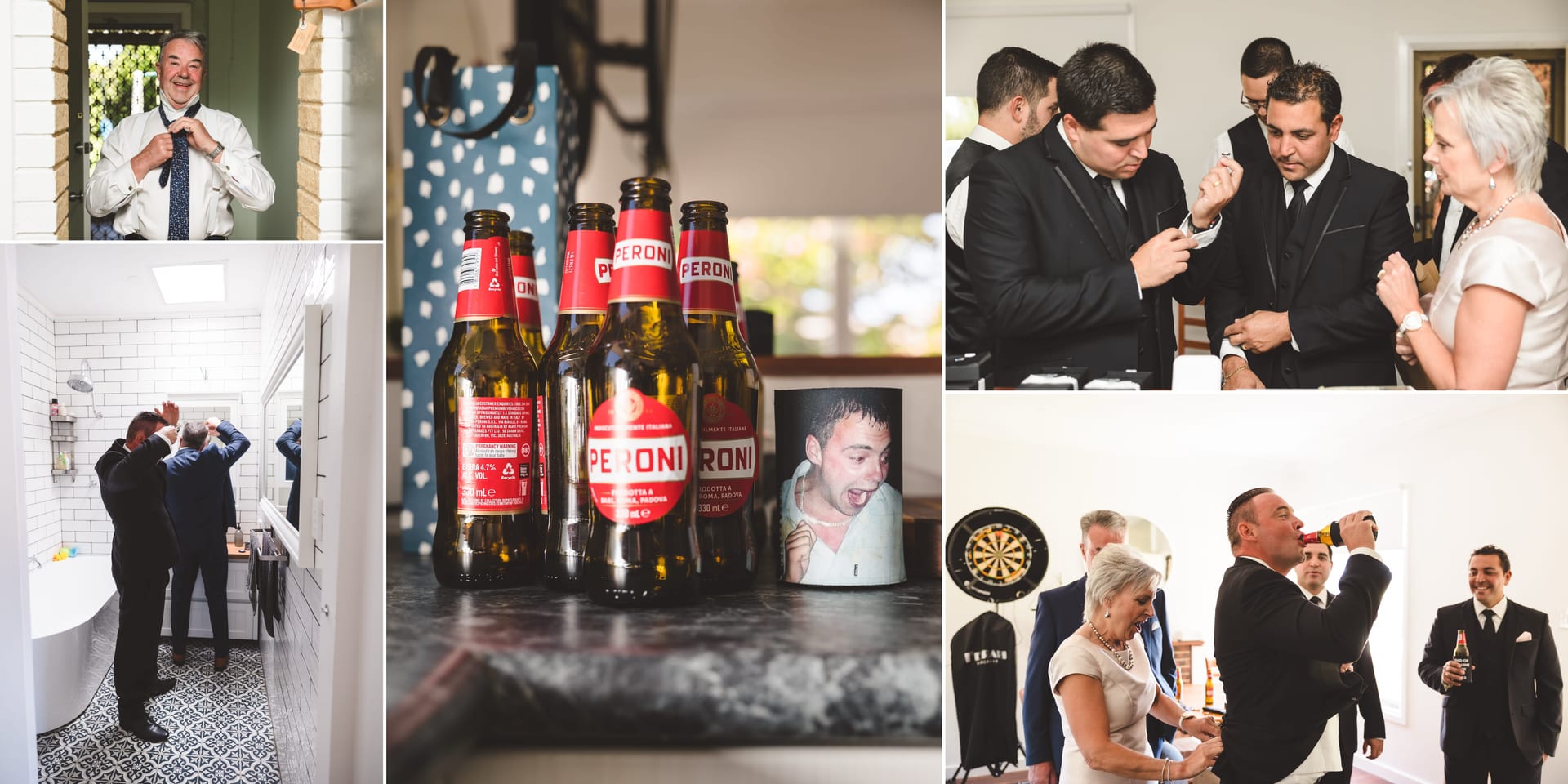 Men in suits and a woman dressed elegantly, preparing in a bright room. Peroni beer bottles on a counter. Joyful and lively mood.