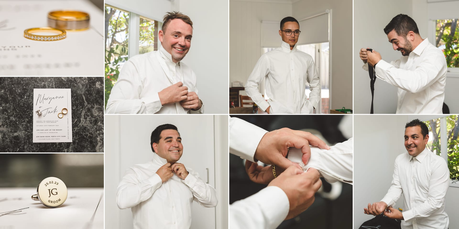 Men in white shirts prepare for a wedding; adjusting ties and cuffs. Invitation and rings on a table. Bright room, greenery outside.