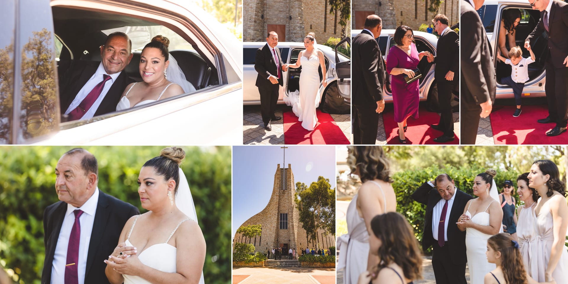 Wedding collage: Bride and groom exiting limo on red carpet. Family dressed formally, church in background. Joyful mood, sunny day.