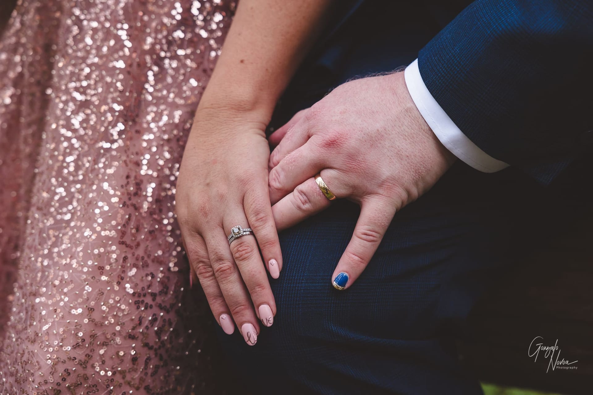 Wedding bands on the bride and groom's hands