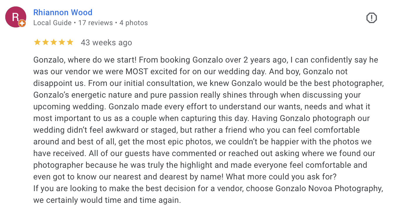 Review by Rhiannon Wood praising photographer Gonzalo for exceptional wedding photos and rapport. Five-star rating, 43 weeks ago.